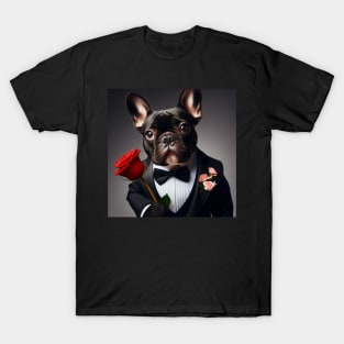 French bulldog in a tuxedo suit and tie with red rose T-Shirt